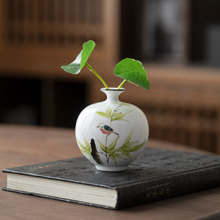 景德镇手绘竹叶小鸟花器居家摆件手工花瓶【赠干花】 摆书桌 中式