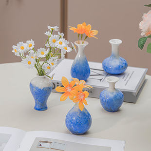 景德镇蓝色结晶釉迷你小花瓶插干花客厅桌面电视柜家居摆件装饰品