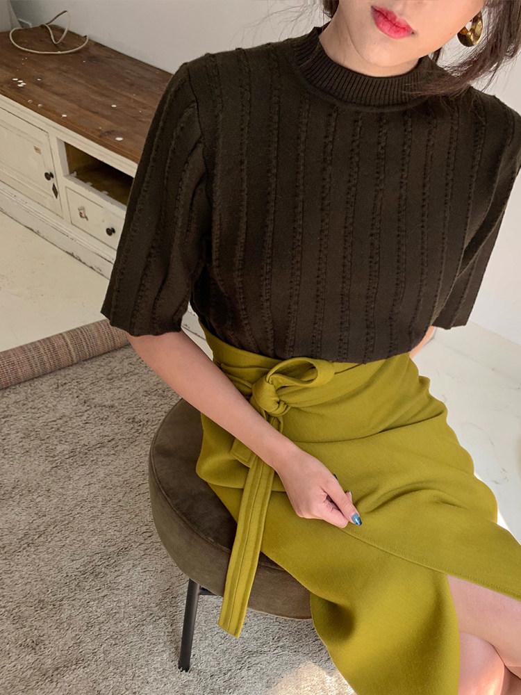 taupe store two-color into the spring high-end sense of three-dimensional wide stripe ultra-fine wool short-sleeved knitted women's inner match