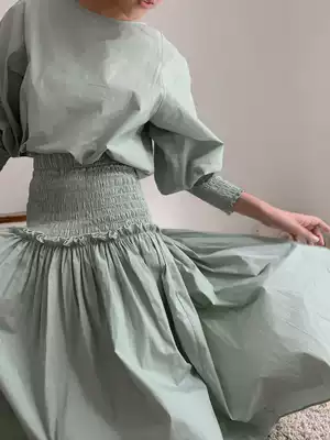 taupe shop fashionable house green set gray-green waist pleated skirt cuffs wrinkled top
