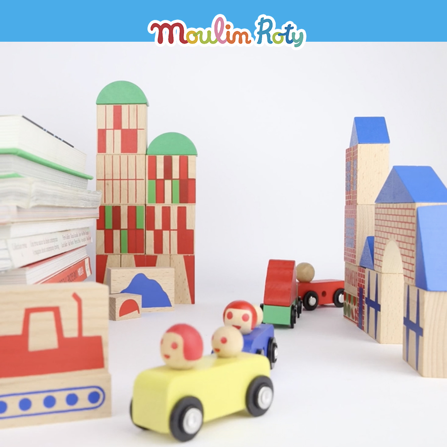 Moulin Roty 木制小车商店拼搭益智玩具设计师木头城市美学积木