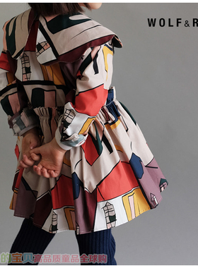 Wolf and Rita 秋冬彩色房子长袖儿童连衣裙／蓝黑色长裙高端童装