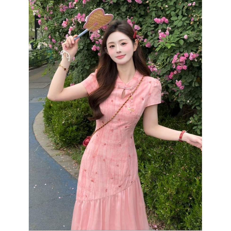袅袅江南 新中式晕染爱心刺绣改良旗袍夏新品假两件修身连衣裙
