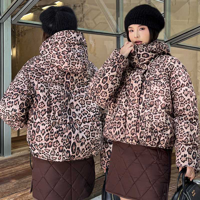 2026秋冬新款豹纹色棉服外套女加厚短款连帽夹克棉衣