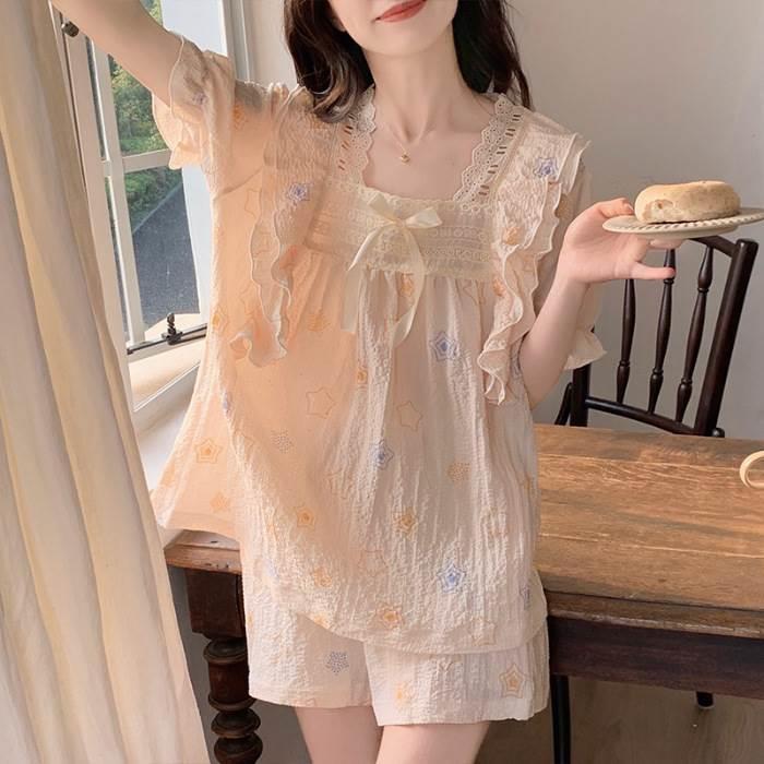 夏季新款泡泡皱布棉睡衣女短袖薄款休闲少女甜美家居服套装可外穿