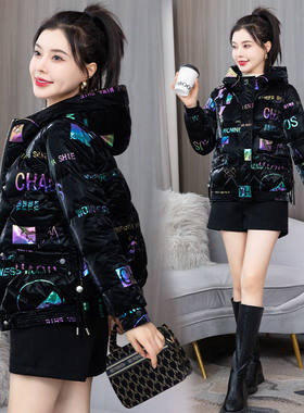 黑金羽绒棉服亮面免洗菱形格短款小棉袄亮皮防水加厚冬季保暖外套