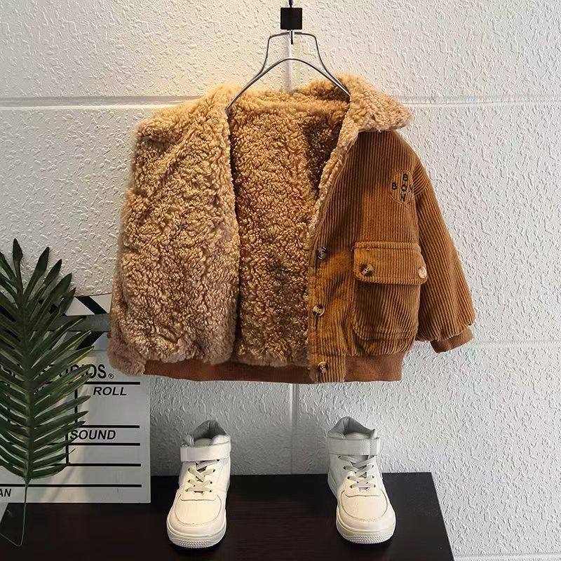 男童灯芯绒外套2025新款洋气潮宝宝加厚夹克冬装加绒上衣儿童棉衣