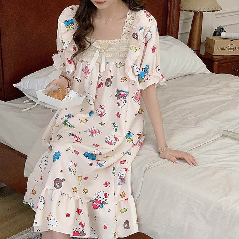 夏季短袖睡裙皱布泡泡棉韩版ins风甜美卡通薄款少女家居服可外穿