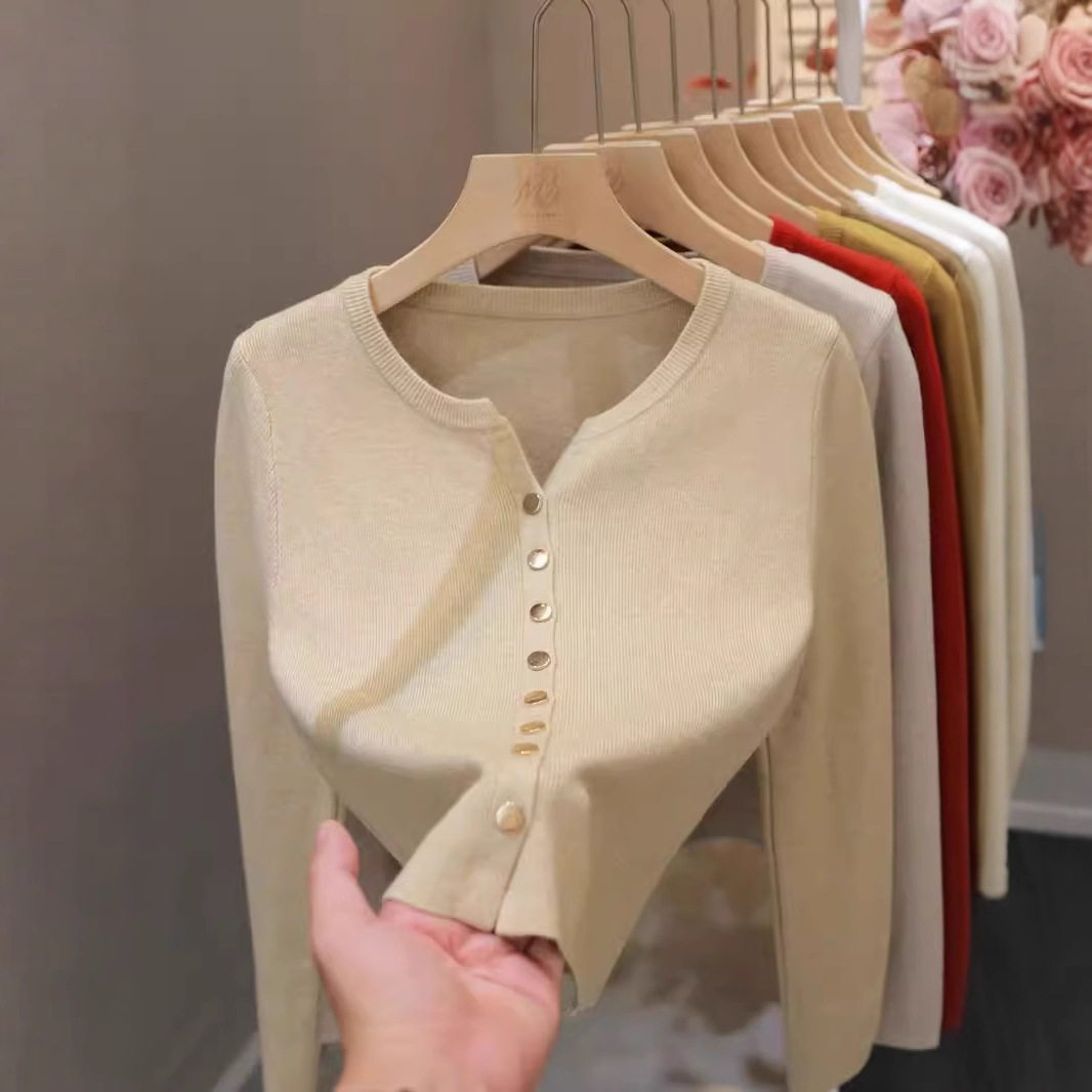 女士针织开衫春秋款外穿时尚洋气V领纯色修身短款百搭毛衣小外套