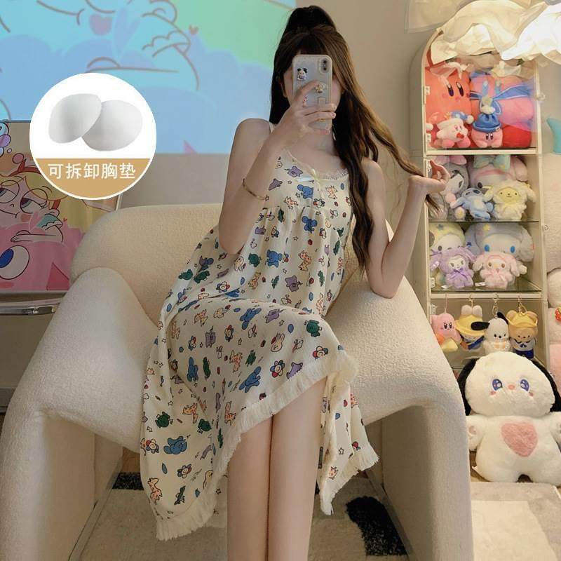 夏季带胸垫可拆卸睡裙甜美吊带泡泡皱布棉薄款纯欲风可外穿家居服