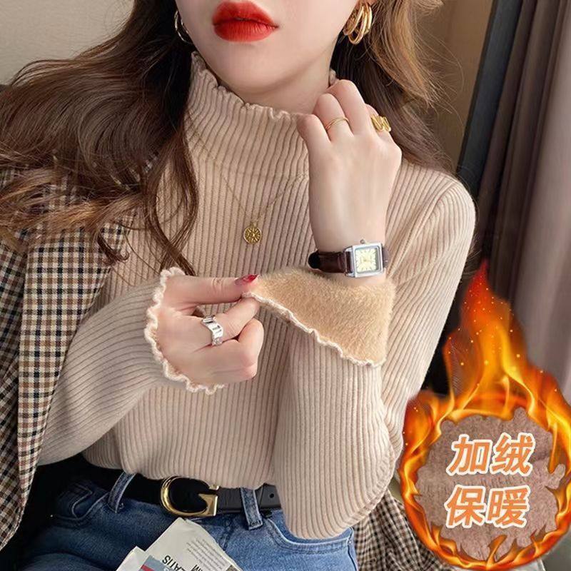 单/双冬季爆款螺纹半高领洋气内搭加绒加厚打底衫长袖一体绒上衣