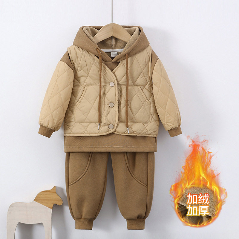 儿童衣服秋冬卫衣马甲三件套加绒加厚保暖连帽套装外出服男童童装