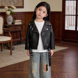 MDD儿童外套皮衣2024春秋装 男女童机车帅酷风大翻领拉链夹克 新款