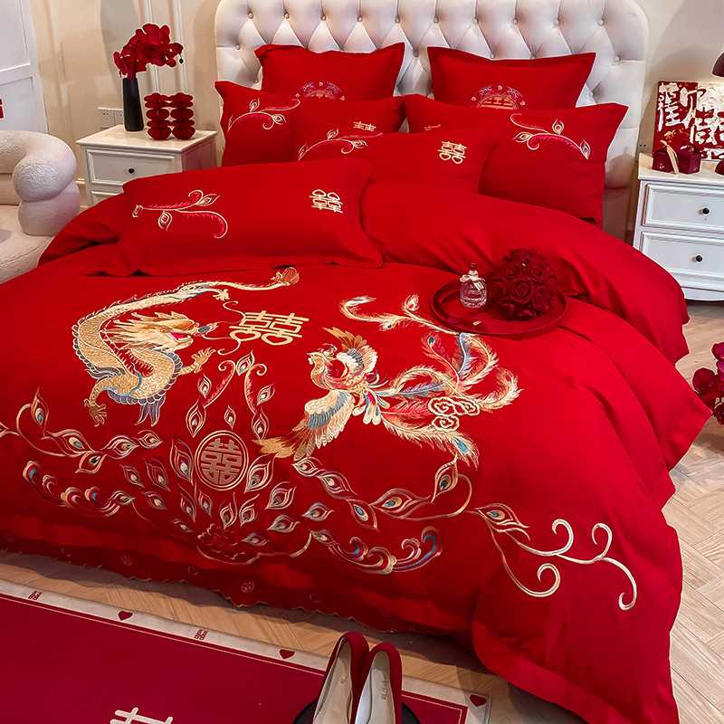 结婚四件套大红色龙凤刺绣新婚嫁房婚庆床上用品喜被子一整套全套