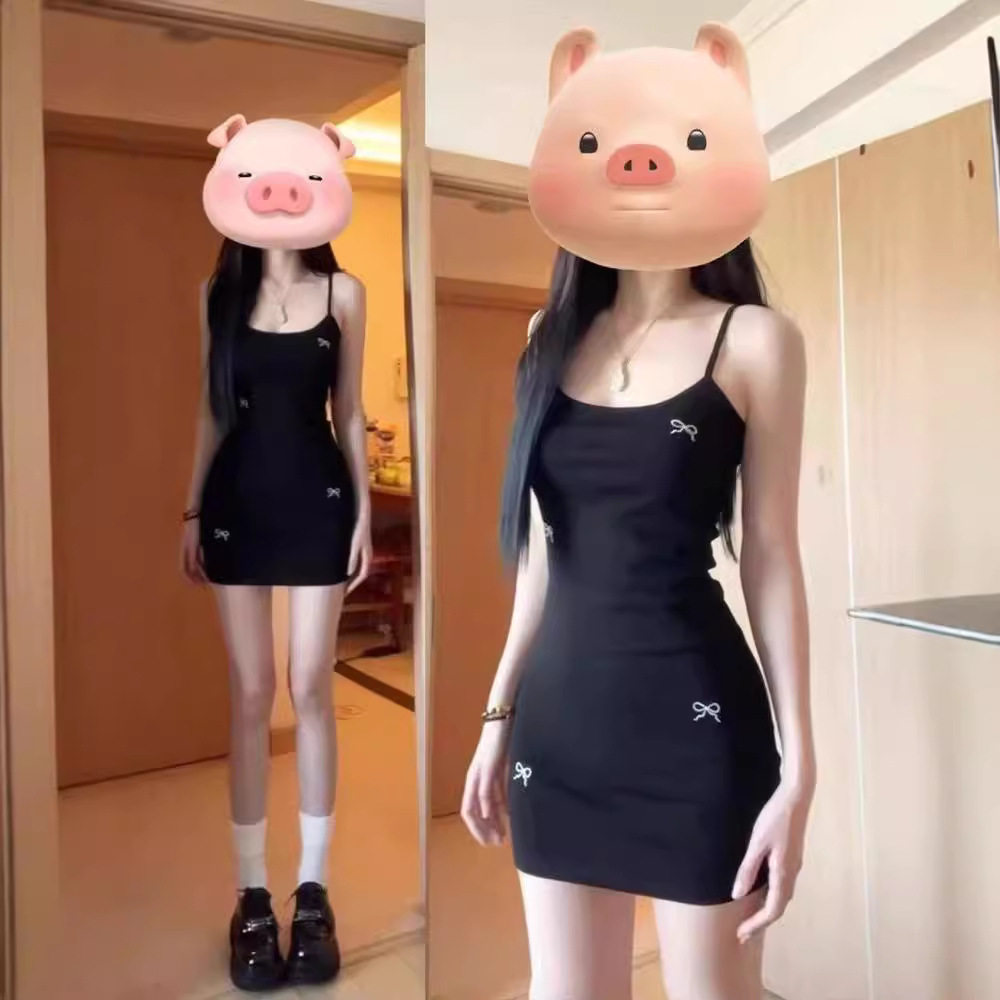 刺绣蝴蝶结吊带小黑裙女