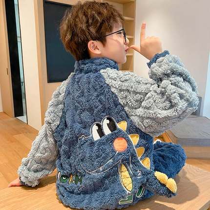 儿童长毛绒睡衣冬季加厚男童中大童女孩珊瑚绒恐龙套装家居服
