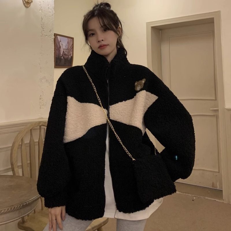 冬季韩版2025新款可爱撞色小熊仿羊羔毛加厚宽松长袖棉衣外套女装,女装/女士精品,羊绒衫,淘宝优惠券,粉丝福利购,淘宝优惠卷