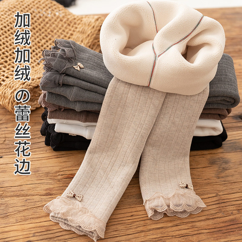 女童打底裤加绒加厚儿童保暖裤子外穿秋冬中厚竖条纹中小童连裤袜