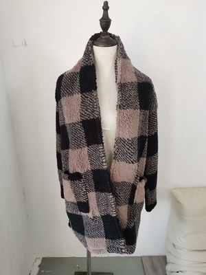 原外贸秋冬加绒加厚摇粒绒毛呢外套女士中长款格子开衫披肩宽松潮