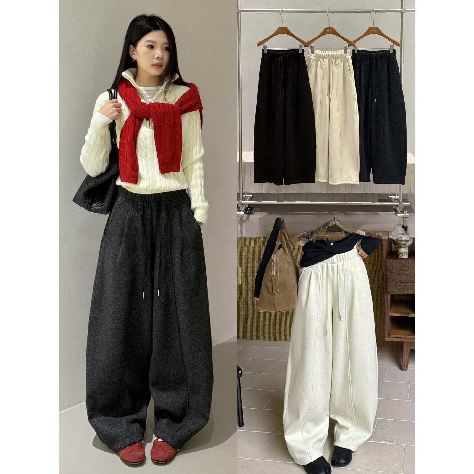 高腰羊绒弯刀阔腿裤女加绒加厚冬季新款宽松慵懒风垂感休闲月亮裤