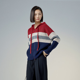 秋冬新款 毛衣卫衣女秋 撞色休闲宽松大码 显瘦连帽针织开衫