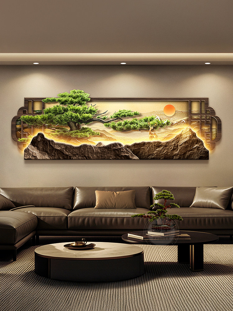 新中国风客厅装饰画与靠背电视沙发背景墙挂画高端迎宾松木墙装饰