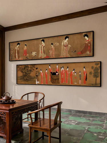 周昉簪花仕女图茶室装饰画宋代美学卧室床头挂画客厅双联横幅壁画