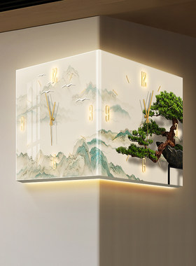 新中式转角挂钟装饰画 画迎客松拐角时钟挂画 画双面防撞护条钟表
