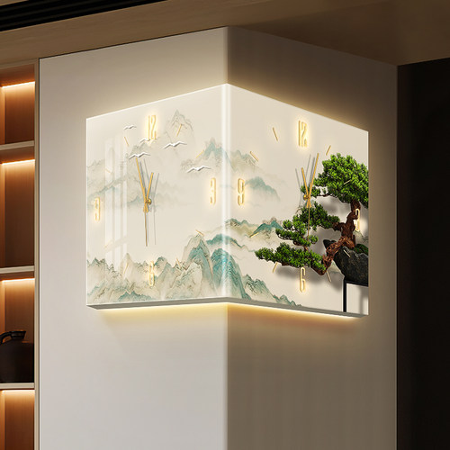 新中式转角挂钟装饰画迎客松拐角时钟挂画双面阳角钟表发光壁画