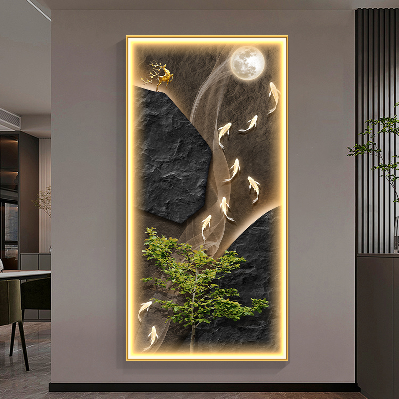新中式入户玄关装饰画进门正对墙石板九鱼挂画走廊过道高级感壁画