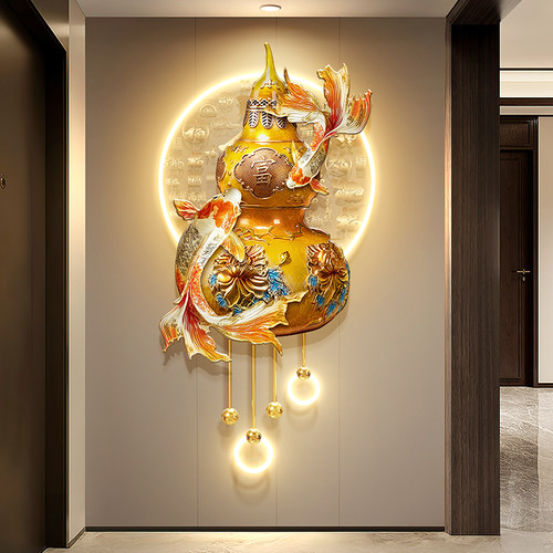 新中式葫芦玄关装饰画 画锦鲤入户走廊过道挂画 画立体吊坠带灯光