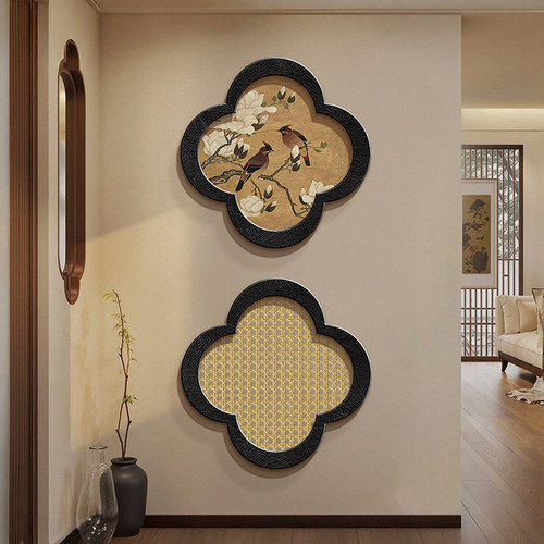 宋代美学花鸟入户玄关装饰画梅花形走廊砂岩挂画竹编客厅茶室壁画