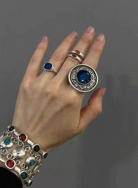 高品质新款哈萨克民族风镶嵌蓝色锆石夸张戒指男女款做旧款