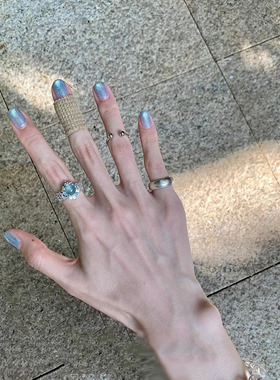 v金材质真金电镀叠戴海洋蓝宝钻戒开口戒指双球指环拉丝素圈