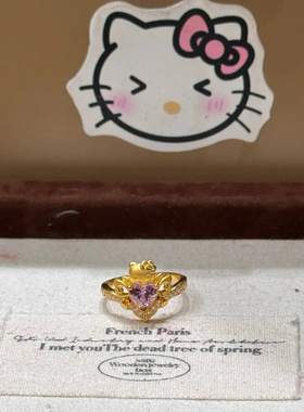 v金材质厚金电镀灵动爱心kitty猫戒指食戒童趣可爱气质指环女