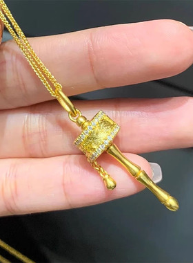 v金材质真金电镀保色藏式可旋转拨浪鼓项链转金筒吊坠单吊坠