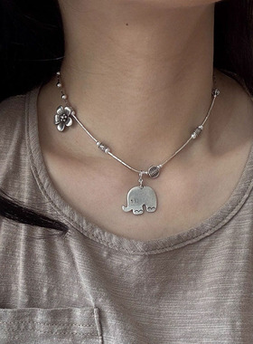 真金电镀保色中古风泰国象吊坠图文颈链女鸡蛋花锁骨链配饰