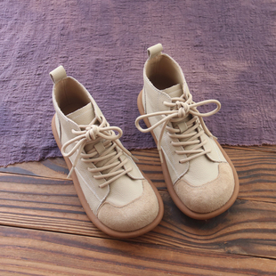 牛皮小短靴女2023年秋冬新款 女靴文艺复古软底靴子加绒平底马丁靴