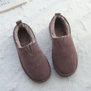 低帮女鞋 一脚蹬加绒面包鞋 新款 百搭保暖棉鞋 韩版 真皮雪地靴女冬季