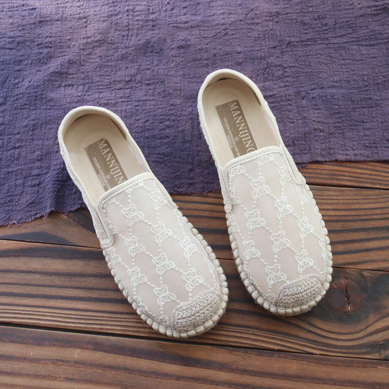 网纱单鞋女夏季网面镂空平底网鞋透气小香风包头凉鞋草编渔夫鞋女