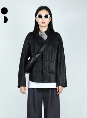 未知未觉时尚复古PU皮立领长袖酷飒风休闲夹克外套女W434W26310