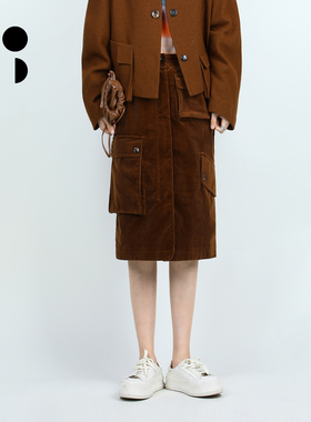 未知未觉中长复古高腰灯芯绒微弹工装直筒半身裙女W434Q11306