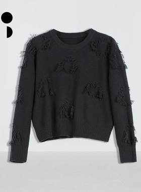 未知未觉慵懒风不规则做旧破洞圆领宽松长袖针织毛衫女W435M24624