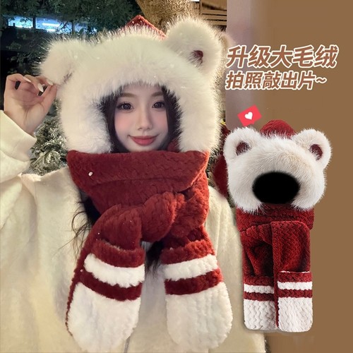 2026新款可爱毛绒绒帽子围巾手套一体女冬季加绒厚保暖骑车三件套