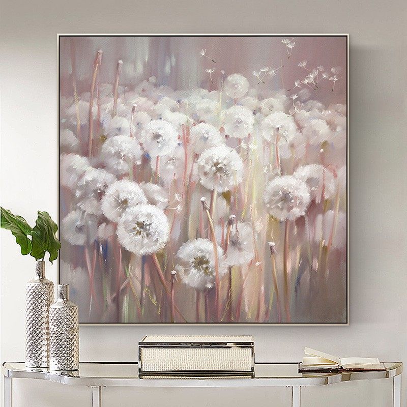 手绘油画入户玄关大幅装饰画客厅餐厅过道轻奢美式抽象蒲公英花卉