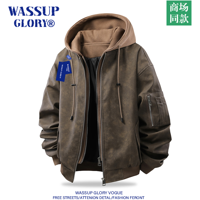 WASSUP GLORY假两件飞行夹克男春秋美式复古皮衣休闲工装连帽外套