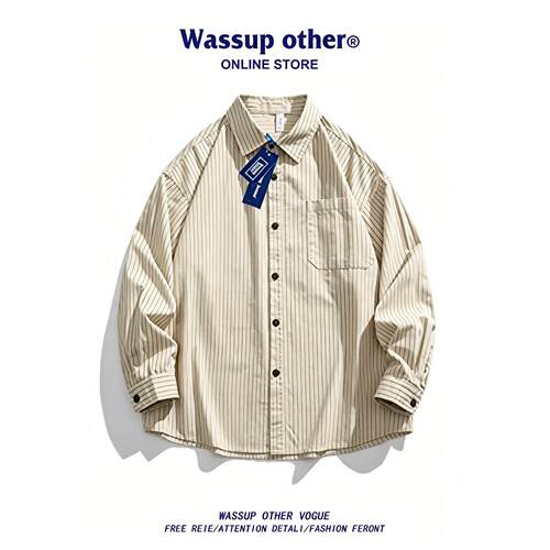 WASSUP ISSUE日系条纹纯棉衬衫男夏季潮牌宽松休闲长袖衬衣外套男