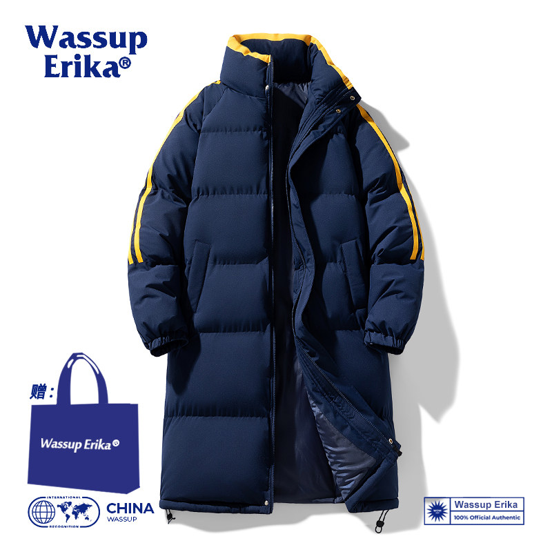 WASSUP ERIKA复古立领过膝外套男冬季中长款羽绒棉服条纹保暖大衣