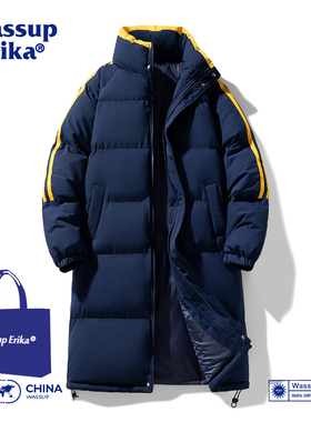 WASSUP ERIKA复古立领过膝外套男冬季中长款羽绒棉服条纹保暖大衣