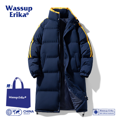 WASSUP ERIKA复古立领过膝外套男冬季中长款羽绒棉服条纹保暖大衣